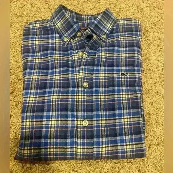 Vineyard Vines Blue Whales Plaid Cotton Flannel Button Down size XL - Picture 2 of 10